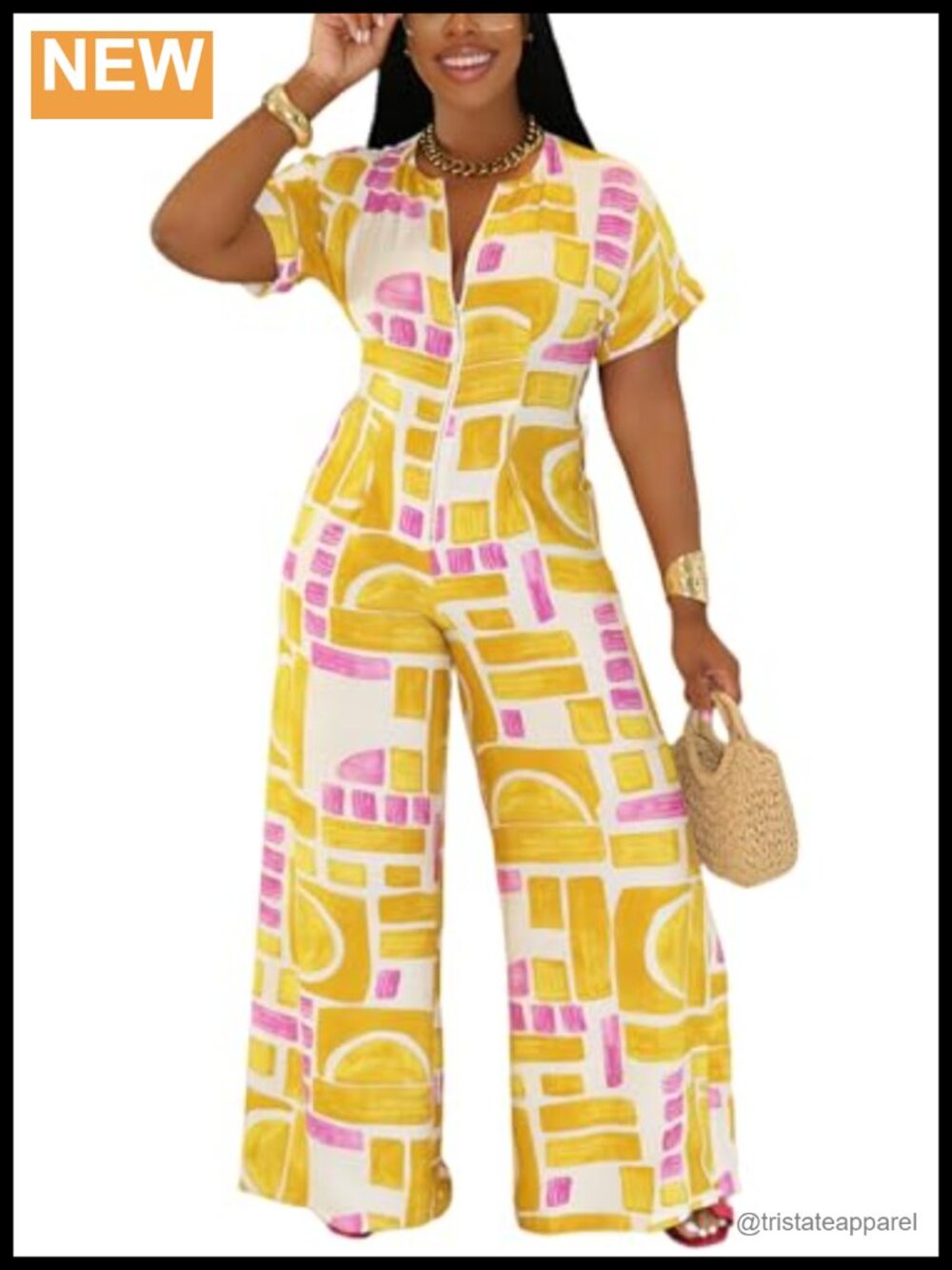 Women's Zip Up Wide Leg Jumpsuit Short Sleeve V-Neck One Piece Romper